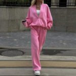 Women’s Solid Jacket & Sweatpants Casual Tracksuit Set