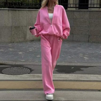 Women’s Solid Jacket & Sweatpants Casual Tracksuit Set