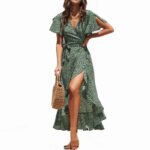 Women’s Plus-Size Floral Print V-Neck Ruffle-Sleeve Dress