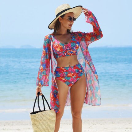 Women’s 3-Piece Floral High-Waist Bikini Set with Long-Sleeve Kimono
