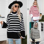 Women’s Striped Oversized Turtleneck Knit Sweater