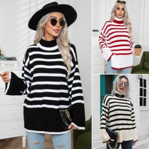 Women’s Striped Oversized Turtleneck Knit Sweater