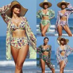 Women’s 3-Piece High-Waist Halter Bikini Set with Mesh Cover-Up