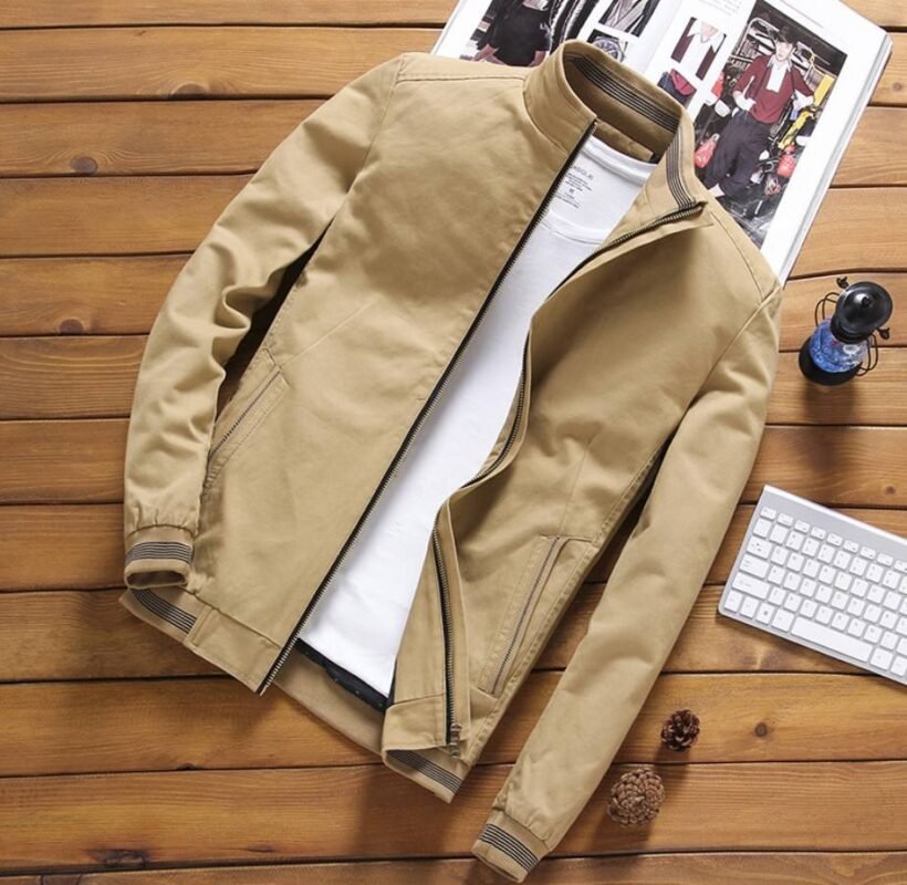 Men's Autumn Bomber Jacket Thick Fleece Warm Windbreaker with Stand Collar and Patchwork Pattern Casual Outwear