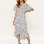 Women’s Plus-Size Floral Print V-Neck Ruffle-Sleeve Dress