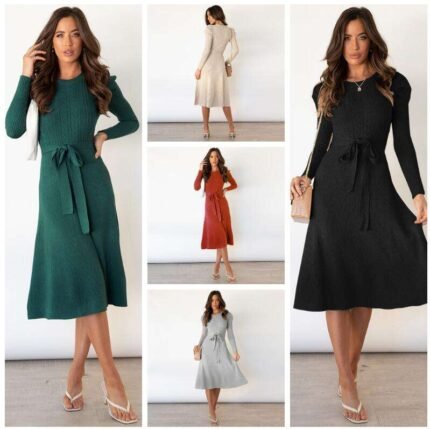 Women’s Long-Sleeve Knit Midi Sweater Dress