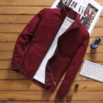 Men's Autumn Bomber Jacket Thick Fleece Warm Windbreaker with Stand Collar and Patchwork Pattern Casual Outwear