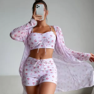 Women’s Plus-Size 3-Piece Floral Bikini Set with Belted Cover-Up