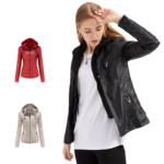 Women’s Plus-Size PU Leather Jacket with Detachable Hood