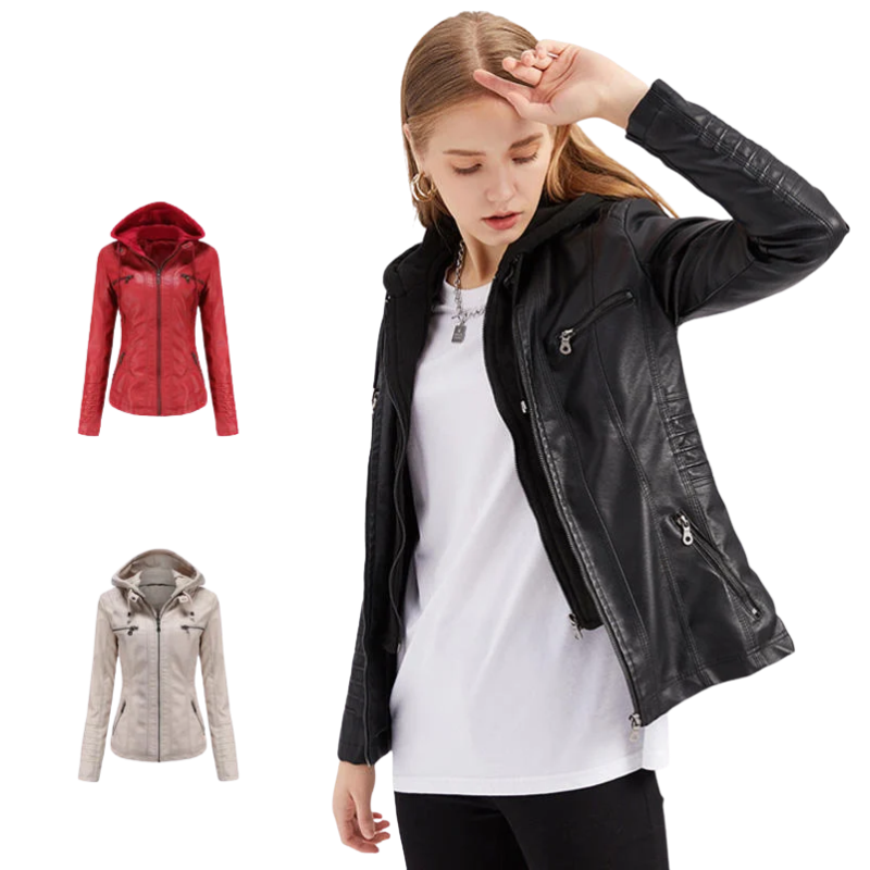 Women’s Plus-Size PU Leather Jacket with Detachable Hood