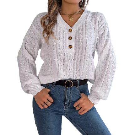 Women’s Oversized V-Neck Puff-Sleeve Winter Sweater