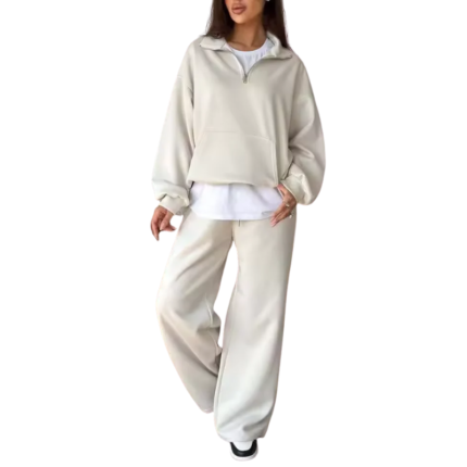 Women’s Winter Stand-Collar Zipper Jacket & Wide-Leg Pants Set
