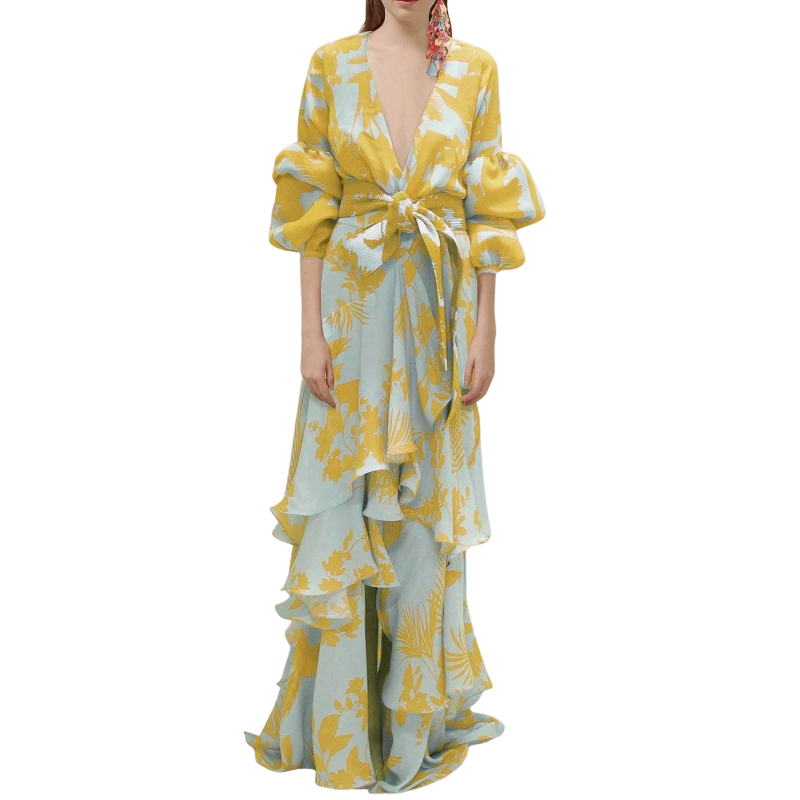 Women’s Plus-Size V-Neck Backless Lantern-Sleeve Maxi Dress